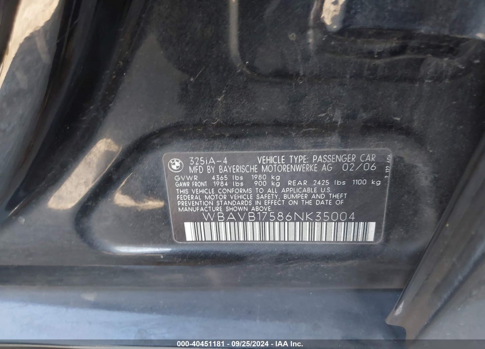 2006 BMW 325I VIN: WBAVB17586NK35004