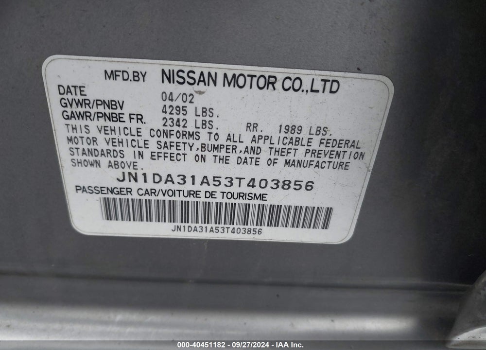 2003 NISSAN MAXIMA GLE/SE VIN: JN1DA31A53T403856