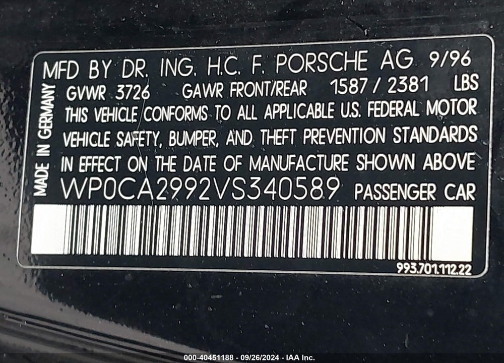 1997 PORSCHE 911 CARRERA/CARRERA 4/CARRERA TIPTRONIC VIN: WP0CA2992VS340589