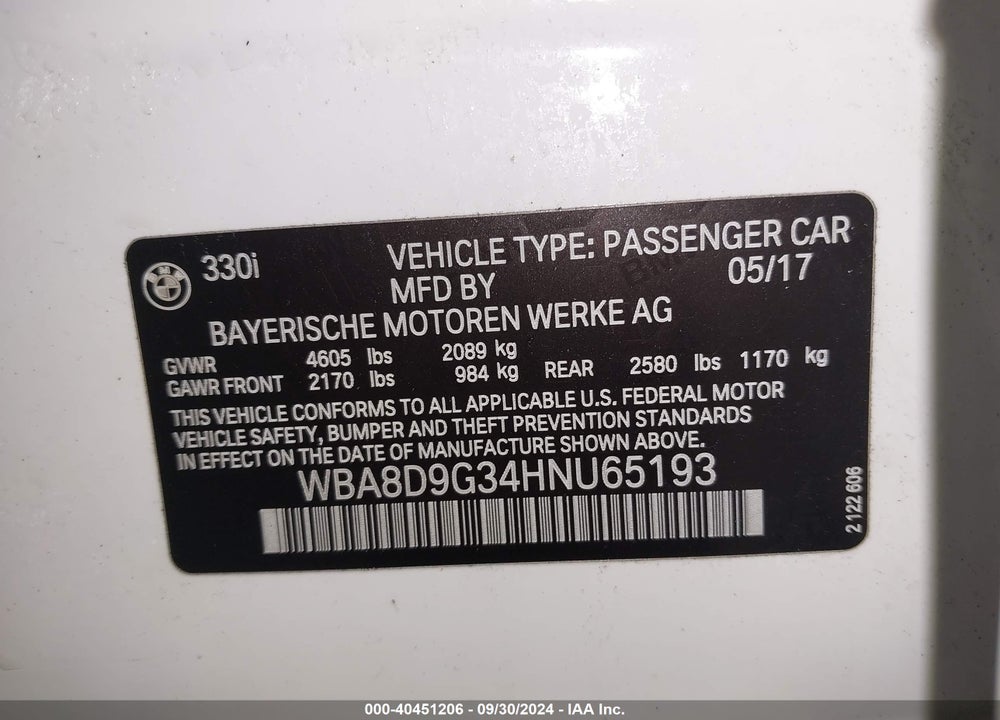 2017 BMW 330I XDRIVE VIN: WBA8D9G34HNU65193