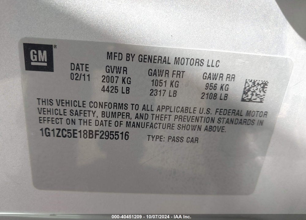 2011 CHEVROLET MALIBU 1LT VIN: 1G1ZC5E18BF295516