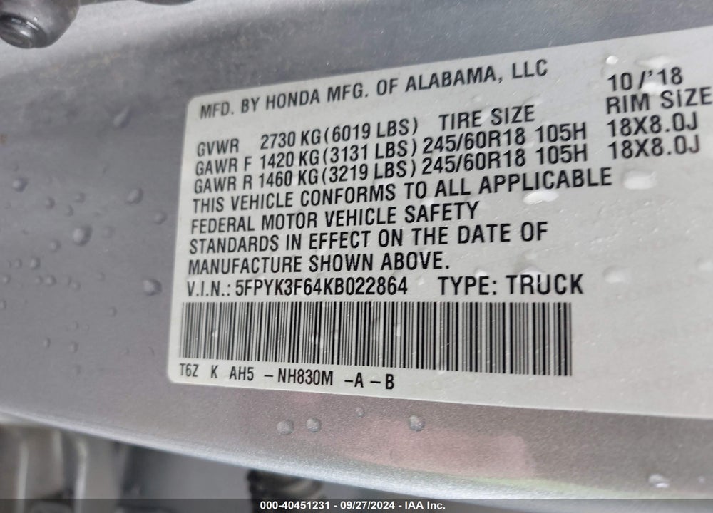 2019 HONDA RIDGELINE VIN: 5FPYK3F64KB022864