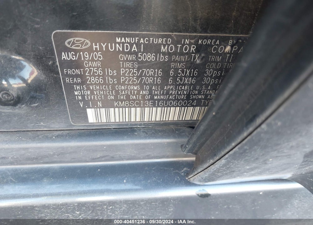 2006 HYUNDAI SANTA FE VIN: KM8SC13E16U060024