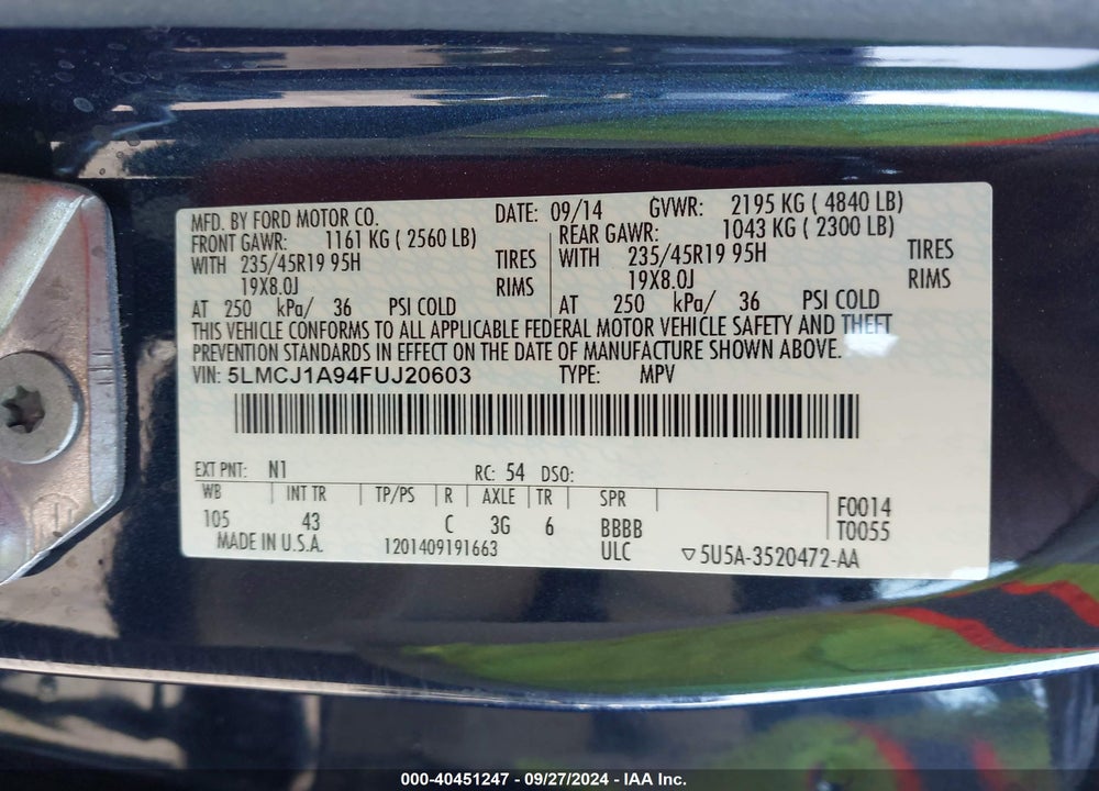 2015 LINCOLN MKC VIN: 5LMCJ1A94FUJ20603