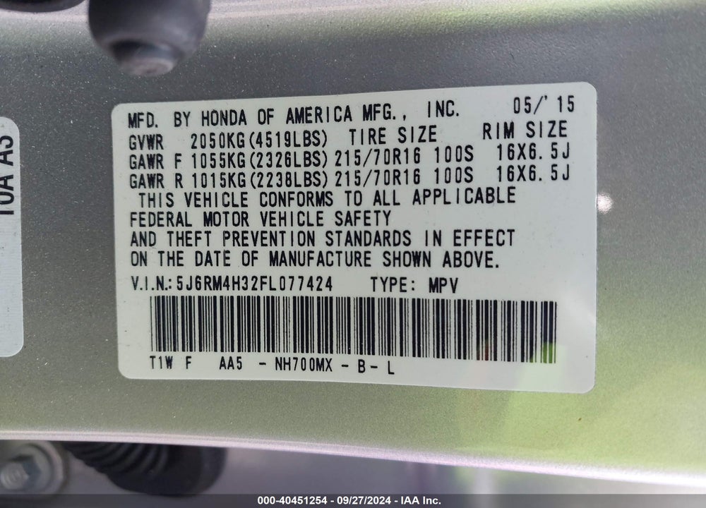 2015 HONDA CR-V LX VIN: 5J6RM4H32FL077424
