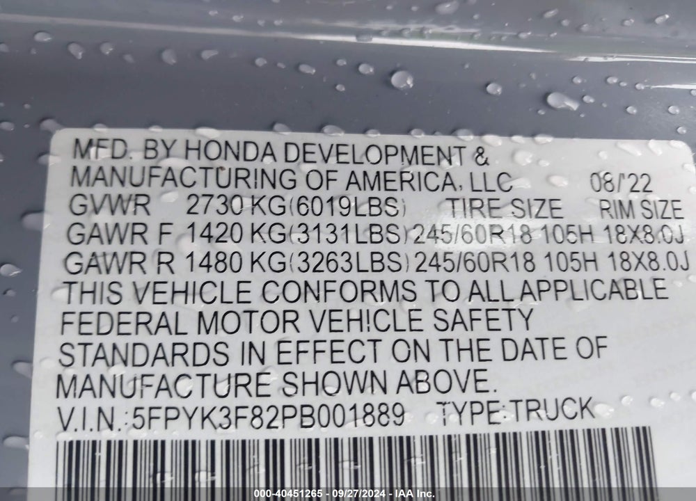 2023 HONDA RIDGELINE BLACK EDITION VIN: 5FPYK3F82PB001889