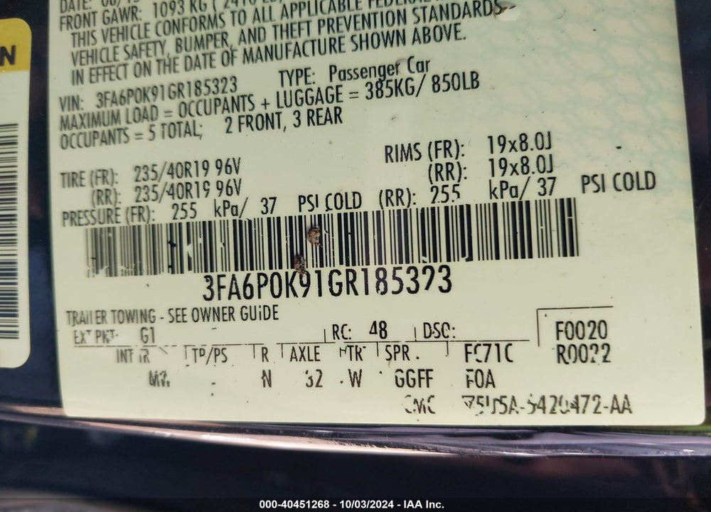 2016 FORD FUSION TITANIUM VIN: 3FA6P0K91GR185323