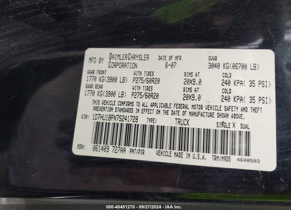 2007 DODGE RAM 1500 SLT/TRX4 OFF ROAD/SPORT VIN: 1D7HU18PX7S241728