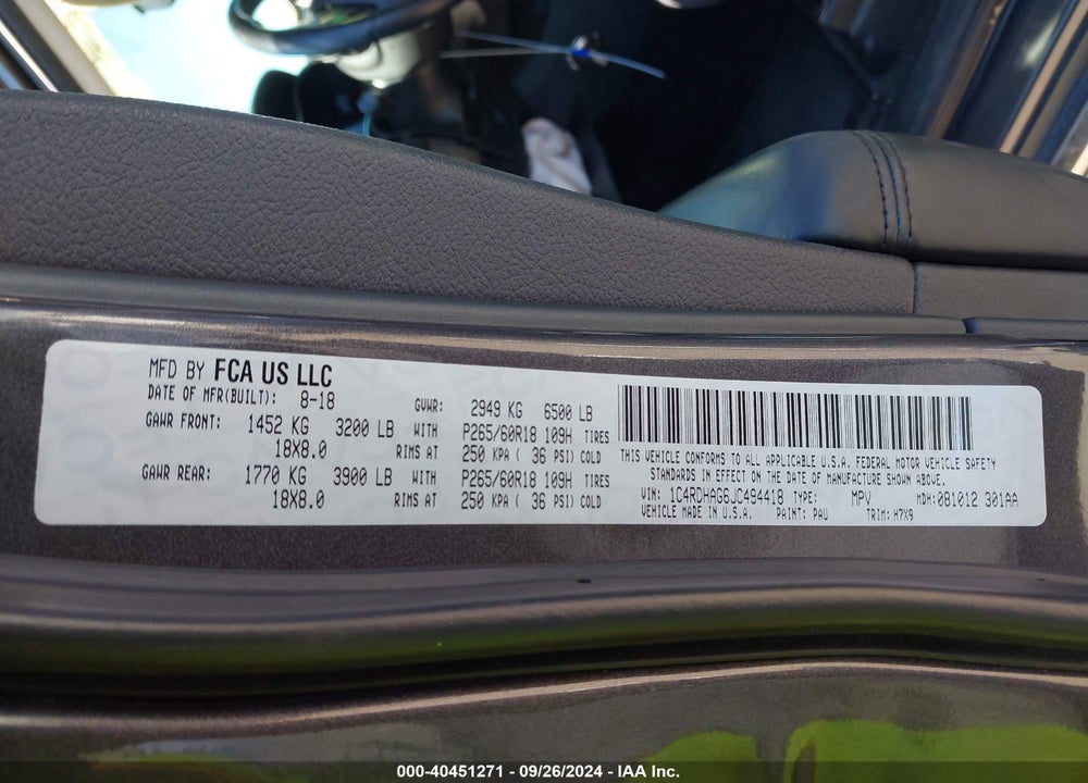 2018 DODGE DURANGO SXT RWD VIN: 1C4RDHAG6JC494418