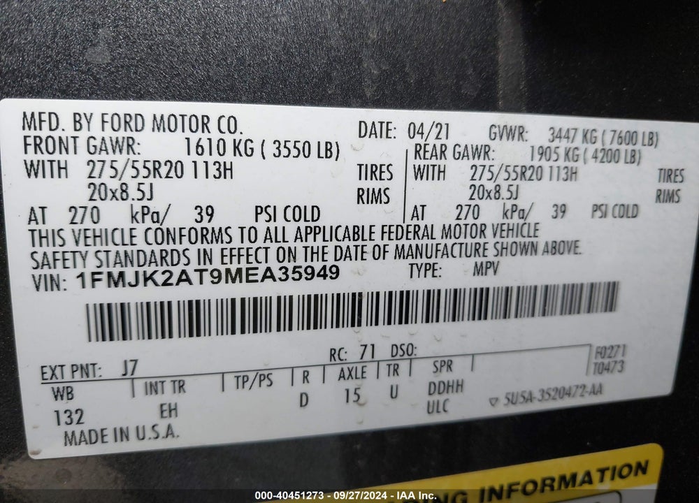 2021 FORD EXPEDITION LIMITED MAX VIN: 1FMJK2AT9MEA35949
