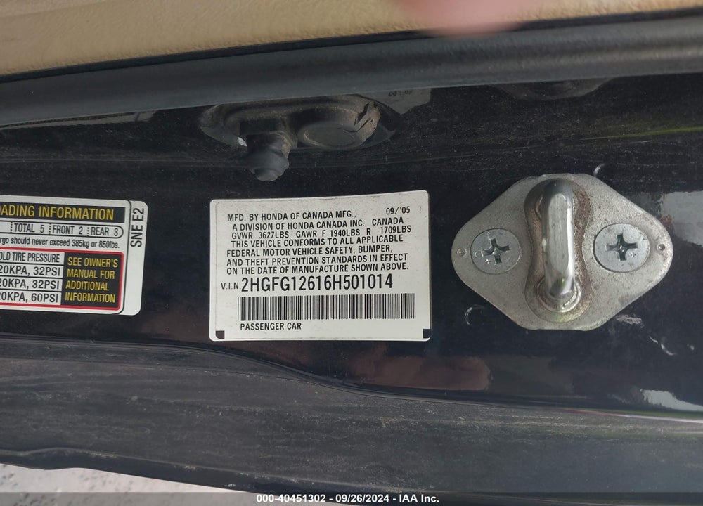 2006 HONDA CIVIC LX VIN: 2HGFG12616H501014
