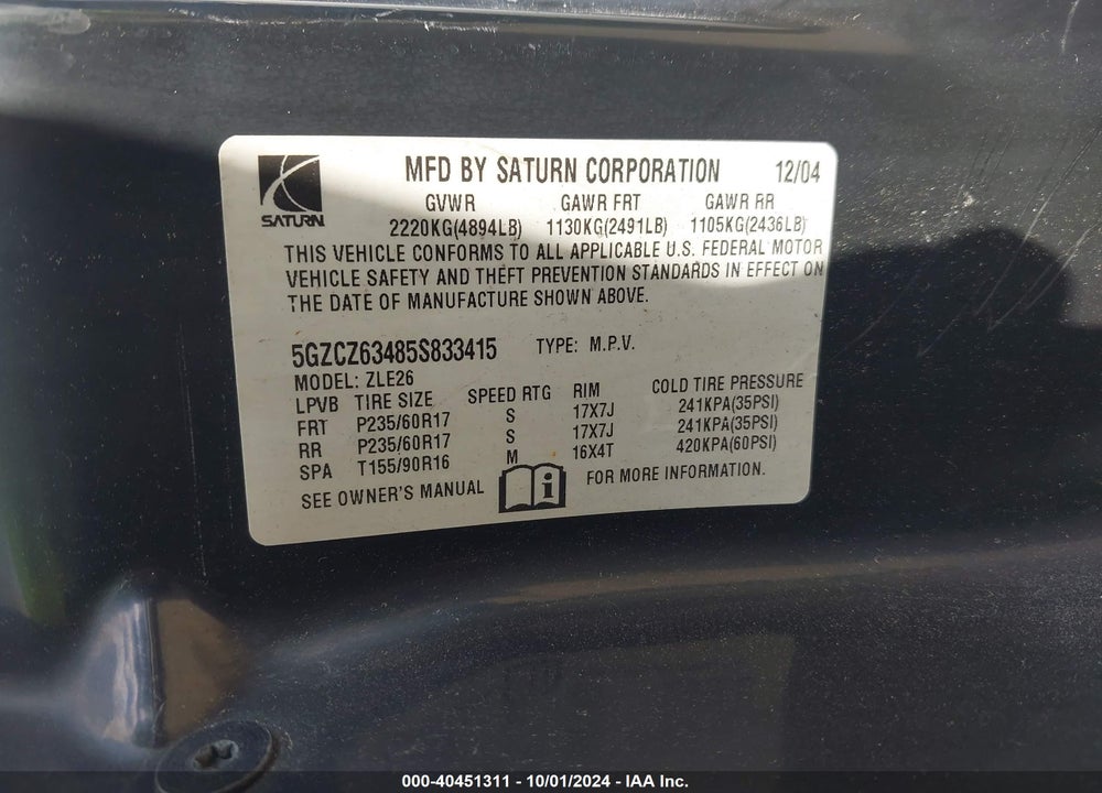2005 SATURN VUE V6 VIN: 5GZCZ63485S833415