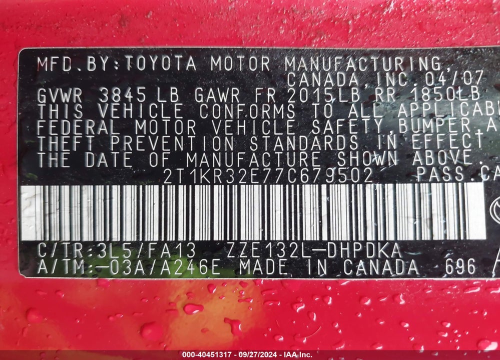 2007 TOYOTA MATRIX VIN: 2T1KR32E77C679502
