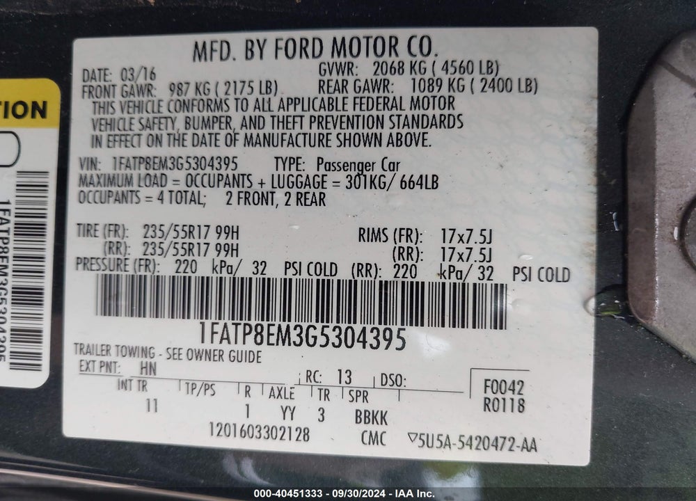 2016 FORD MUSTANG V6 VIN: 1FATP8EM3G5304395