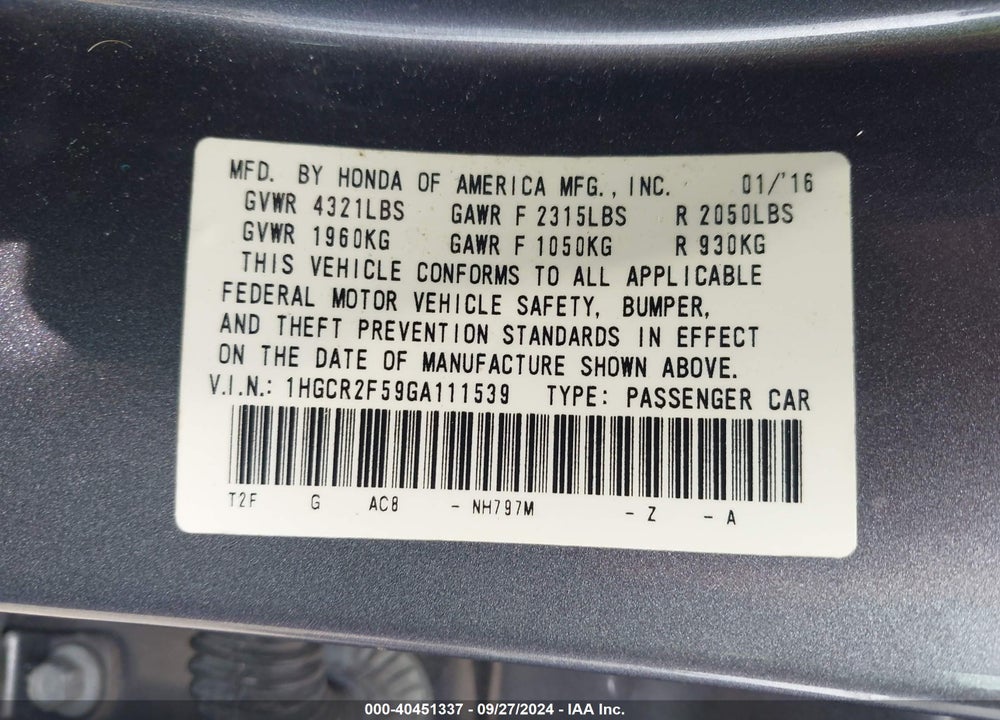 2016 HONDA ACCORD SPORT VIN: 1HGCR2F59GA111539