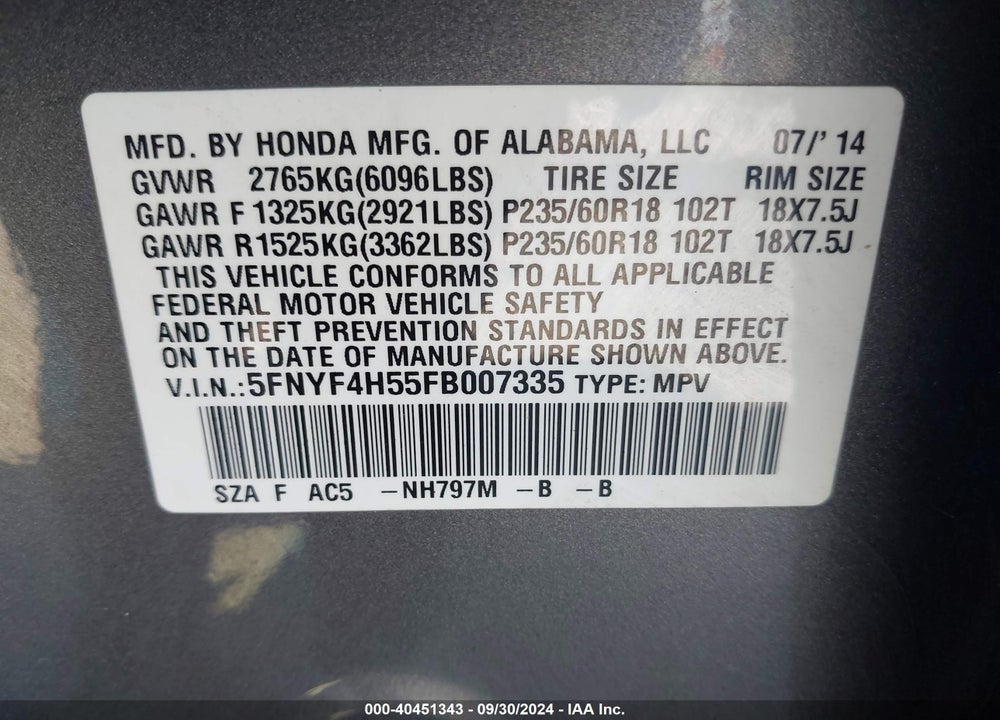 2015 HONDA PILOT EX-L VIN: 5FNYF4H55FB007335