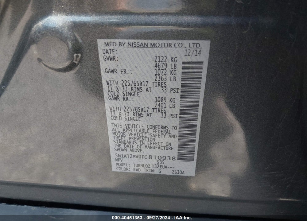 2015 NISSAN ROGUE SV VIN: 5N1AT2MV0FC810938