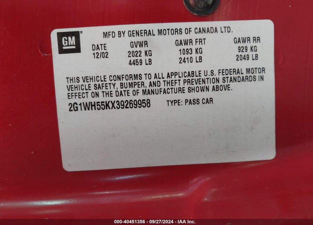 2003 CHEVROLET IMPALA LS VIN: 2G1WH55KX39269958