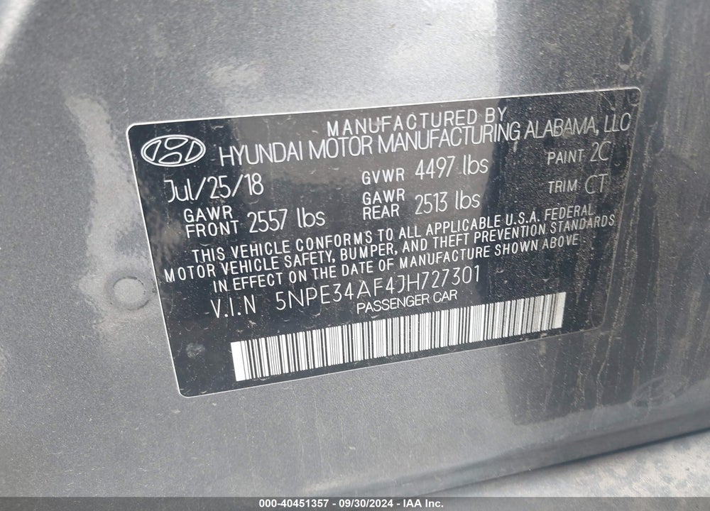 2018 HYUNDAI SONATA SPORT VIN: 5NPE34AF4JH727301