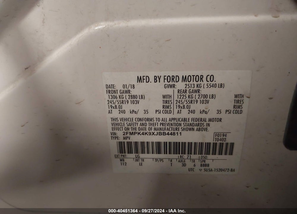 2018 FORD EDGE TITANIUM VIN: 2FMPK4K9XJBB44811