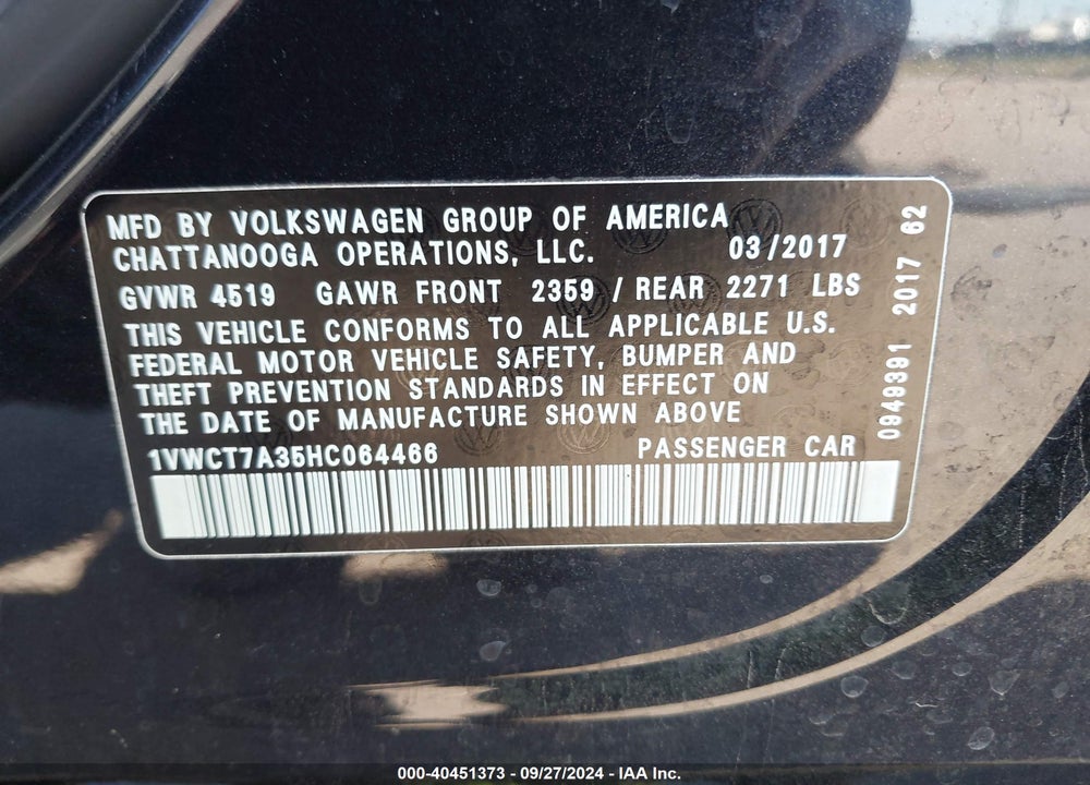 2017 VOLKSWAGEN PASSAT 1.8T SEL PREMIUM VIN: 1VWCT7A35HC064466