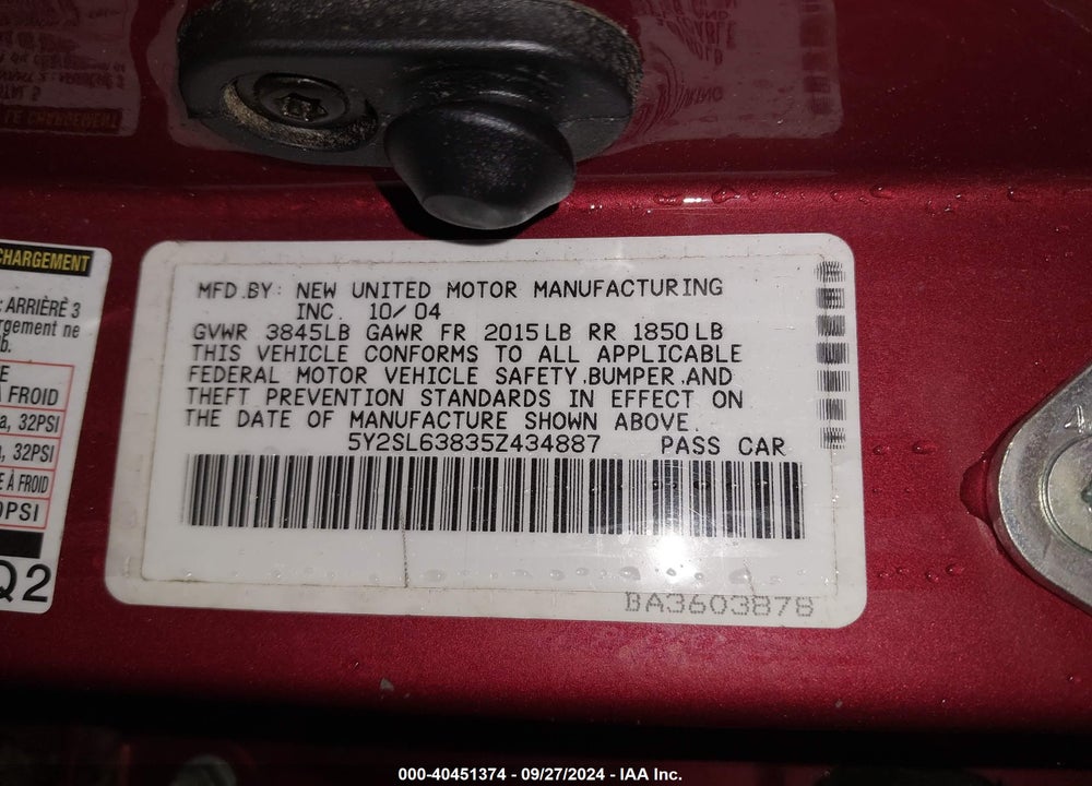 2005 PONTIAC VIBE VIN: 5Y2SL63835Z434887
