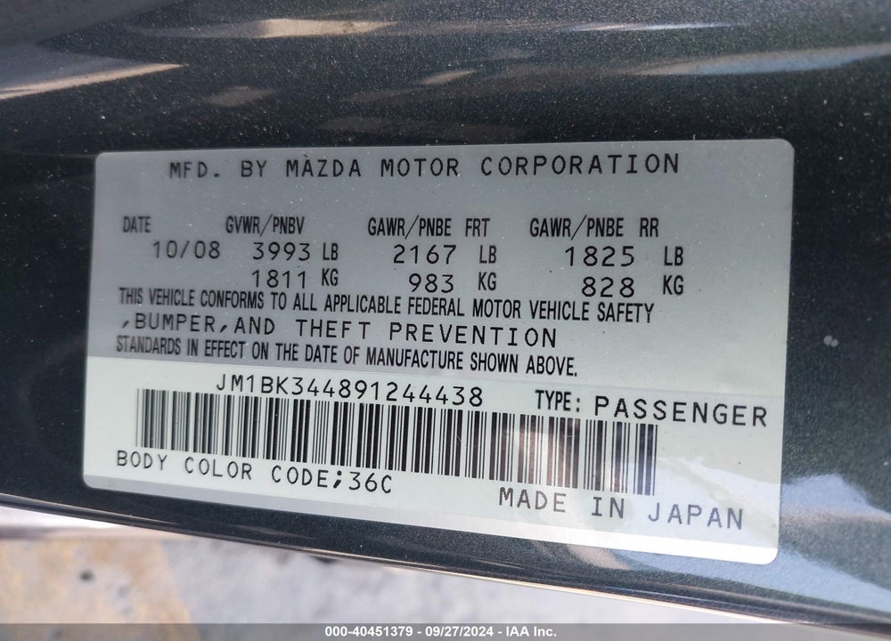 2009 MAZDA 3 S SPORT VIN: JM1BK344891244438