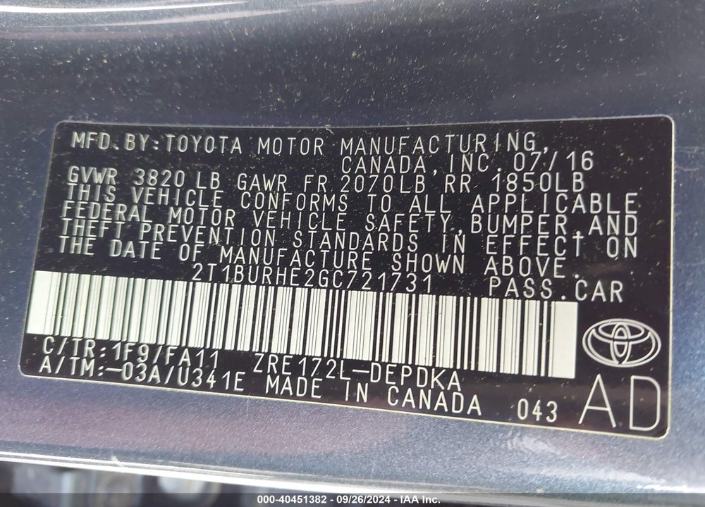 2016 TOYOTA COROLLA L VIN: 2T1BURHE2GC721731