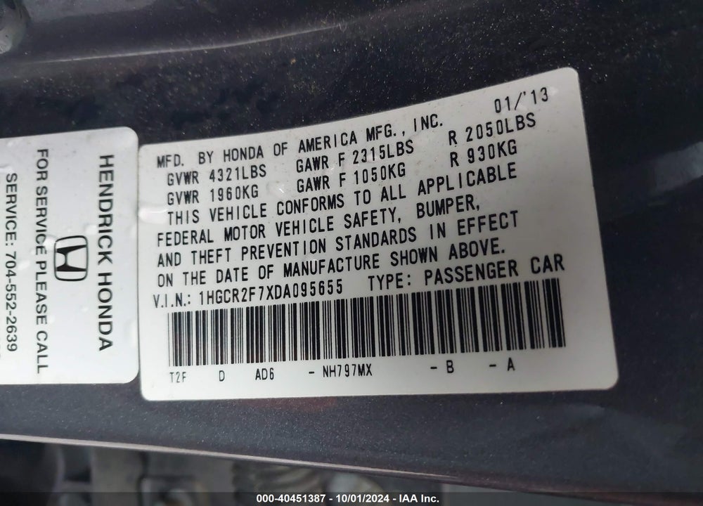 2013 HONDA ACCORD EX VIN: 1HGCR2F7XDA095655