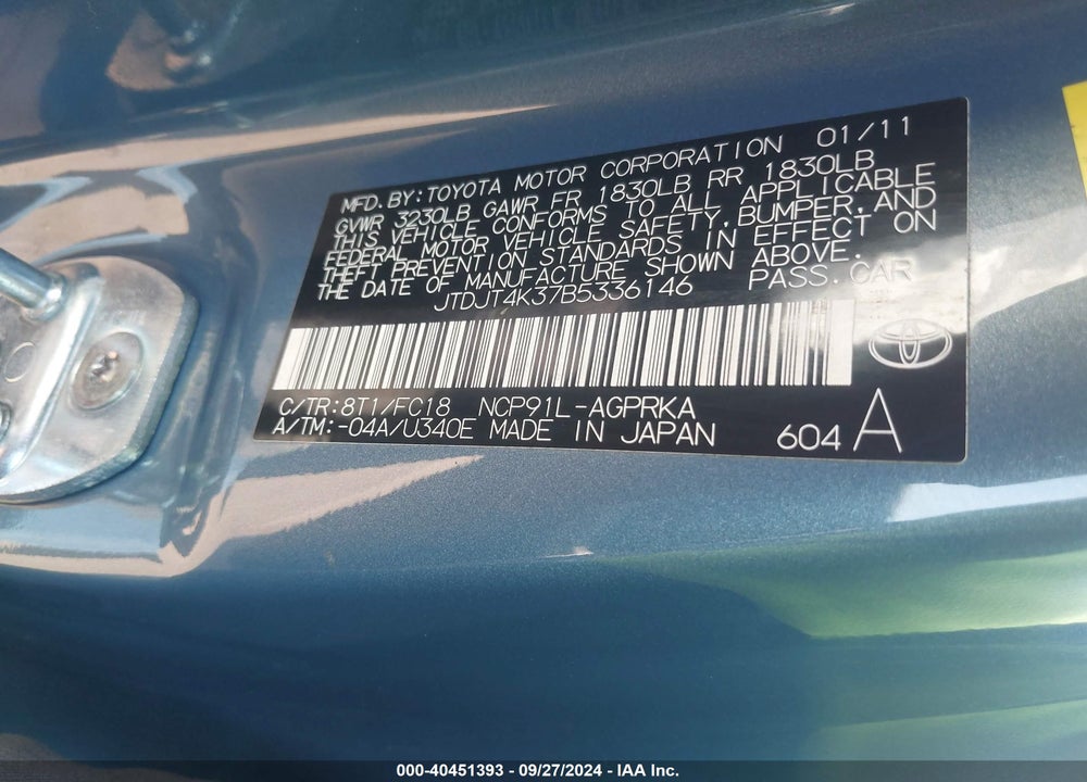 2011 TOYOTA YARIS VIN: JTDJT4K37B5336146