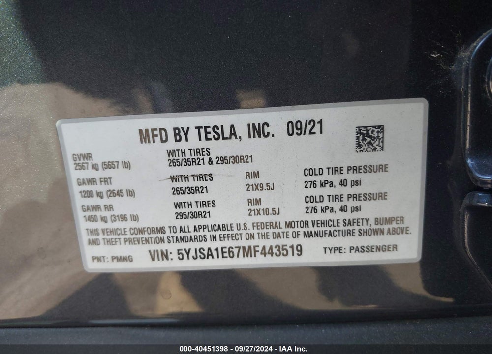 2021 TESLA MODEL S PLAID TRI MOTOR ALL-WHEEL DRIVE VIN: 5YJSA1E67MF443519