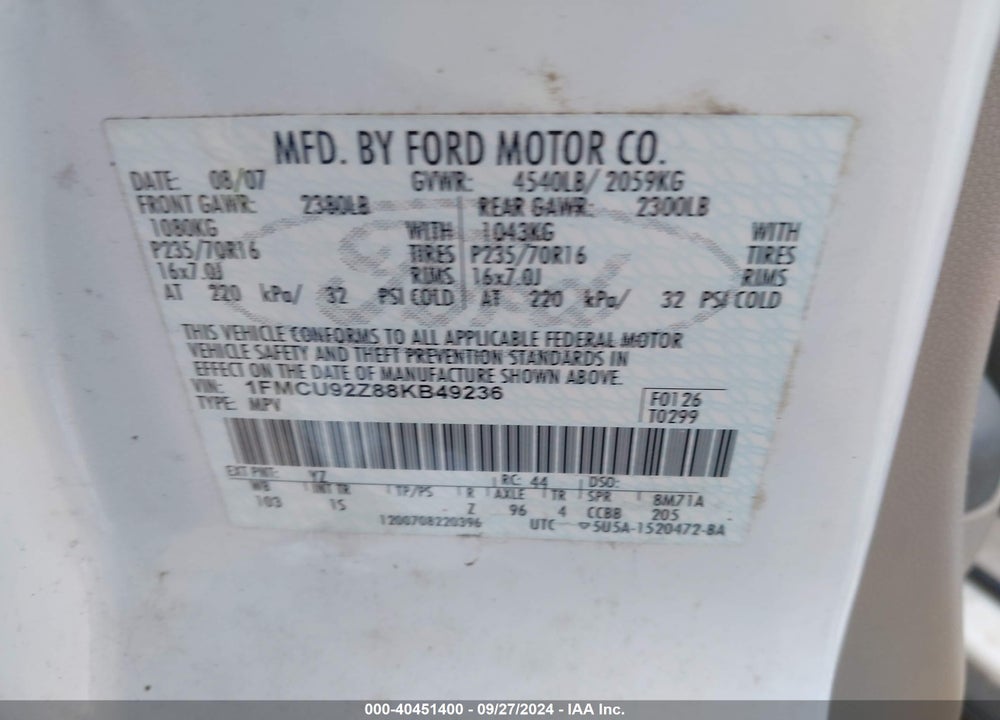 2008 FORD ESCAPE XLS VIN: 1FMCU92Z88KB49236