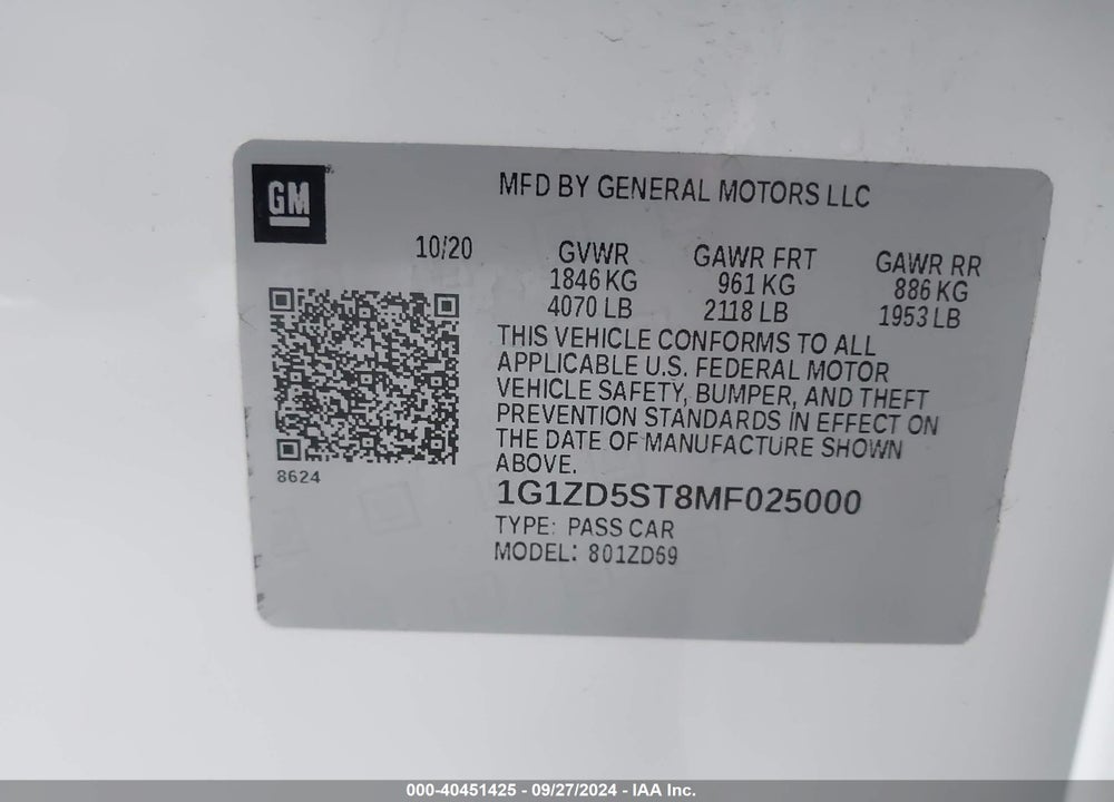 2021 CHEVROLET MALIBU LT VIN: 1G1ZD5ST8MF025000