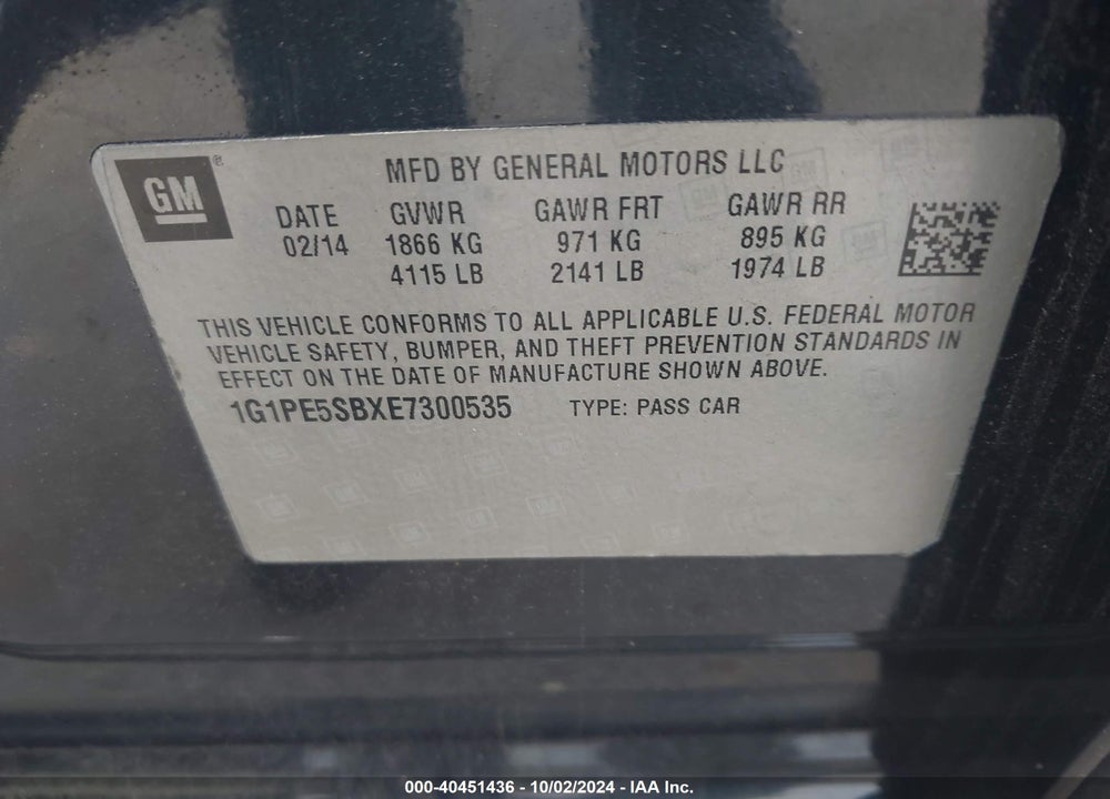 2014 CHEVROLET CRUZE 2LT AUTO VIN: 1G1PE5SBXE7300535