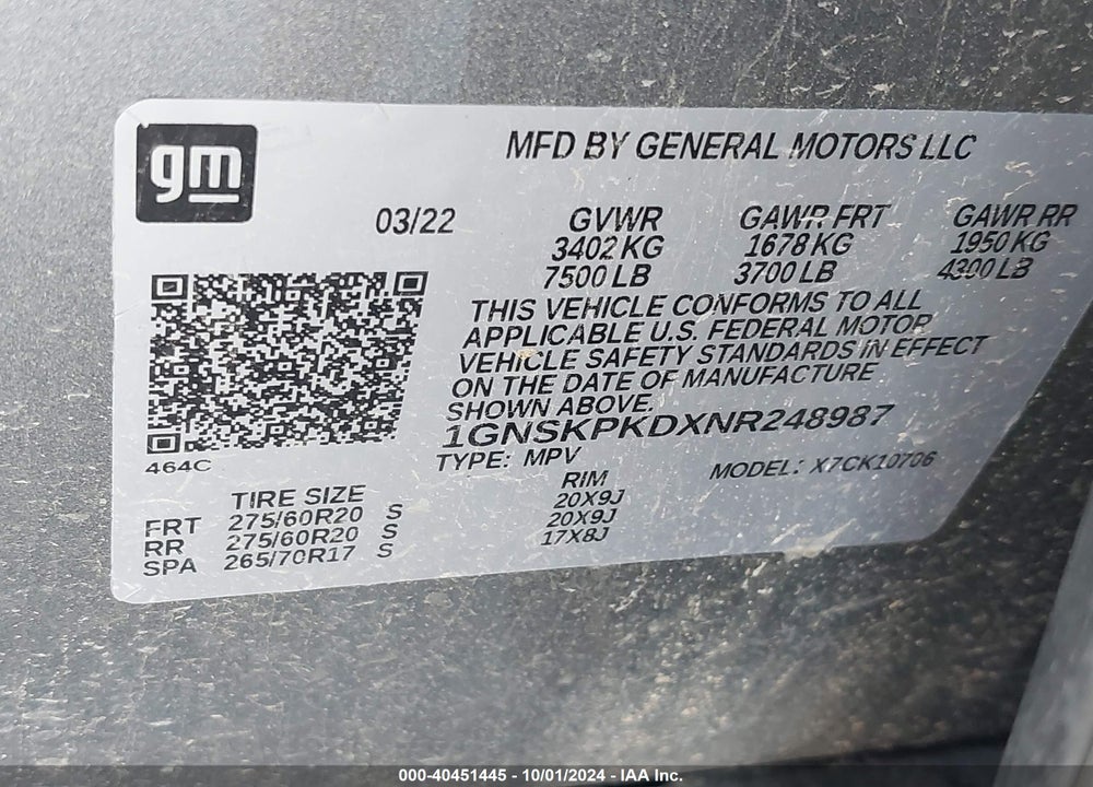 2022 CHEVROLET TAHOE 4WD Z71 VIN: 1GNSKPKDXNR248987
