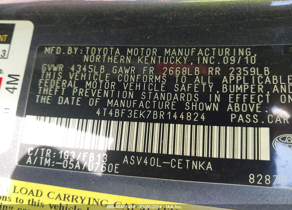 2011 TOYOTA CAMRY LE VIN: 4T4BF3EK7BR144824