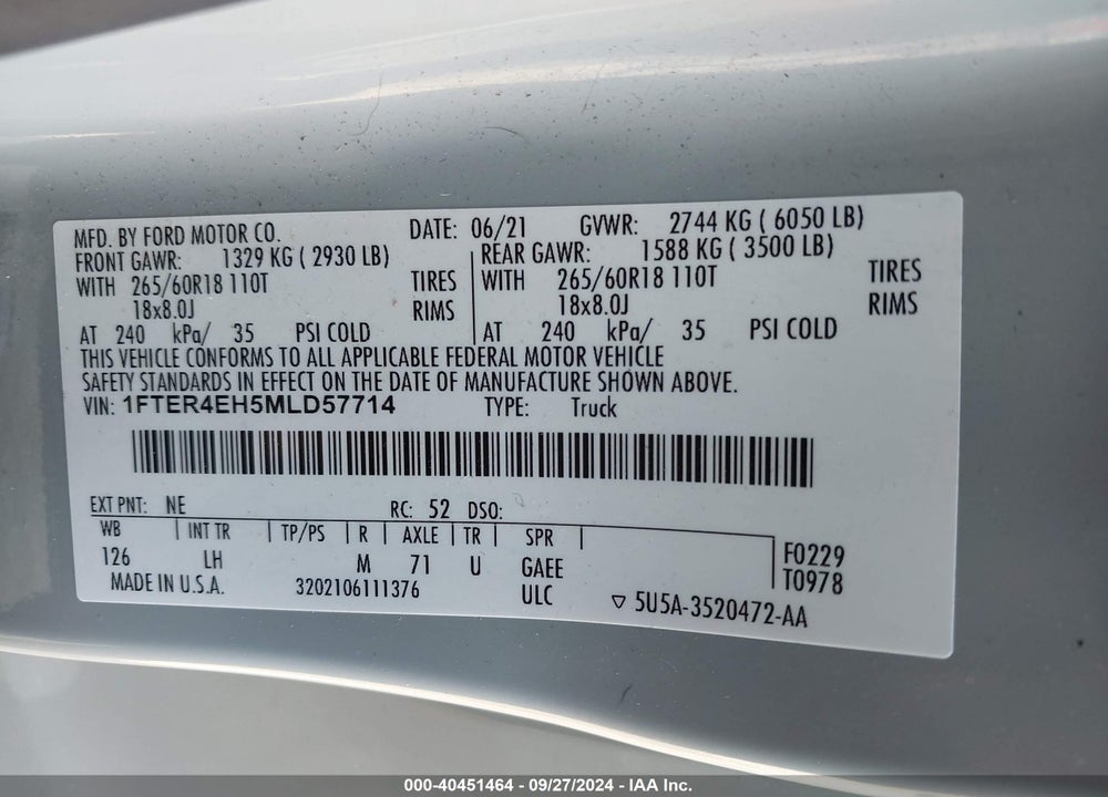2021 FORD RANGER XLT VIN: 1FTER4EH5MLD57714