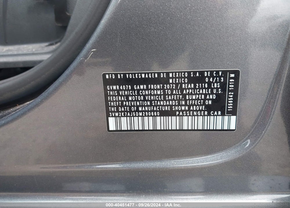 2013 VOLKSWAGEN JETTA 2.0L S VIN: 3VW2K7AJ5DM290660