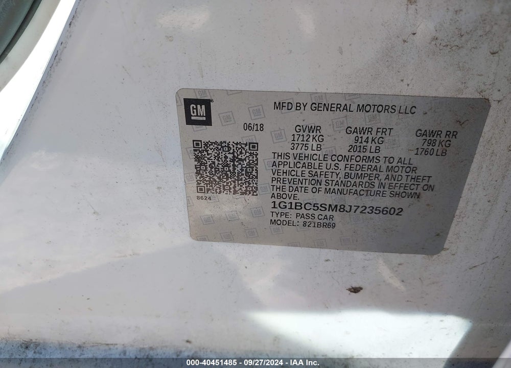 2018 CHEVROLET CRUZE LS AUTO VIN: 1G1BC5SM8J7235602