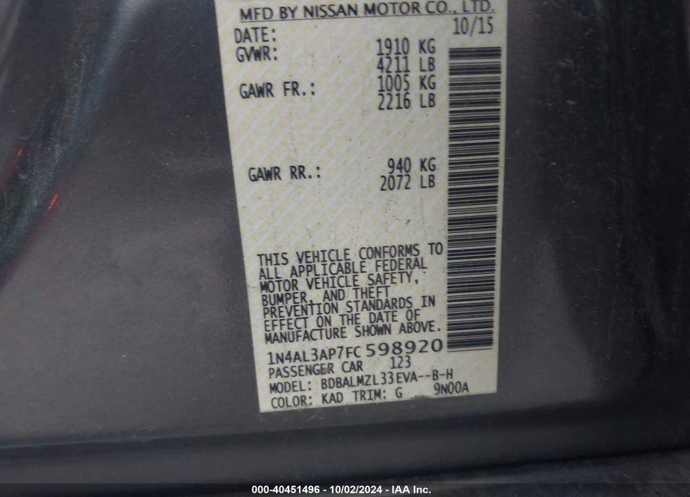 2015 NISSAN ALTIMA VIN: 1N4AL3AP7FC598920