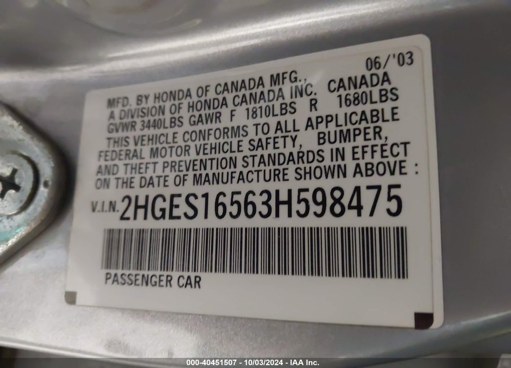 2003 HONDA CIVIC LX VIN: 2HGES16563H598475
