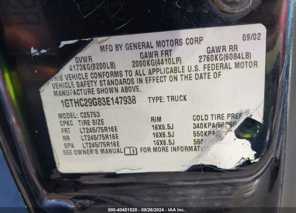 2003 GMC SIERRA 2500HD SLE VIN: 1GTHC29G83E147938