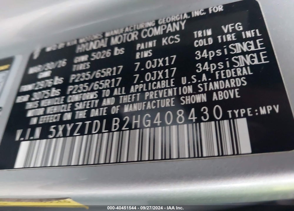 2017 HYUNDAI SANTA FE SPORT 2.4L VIN: 5XYZTDLB2HG408430