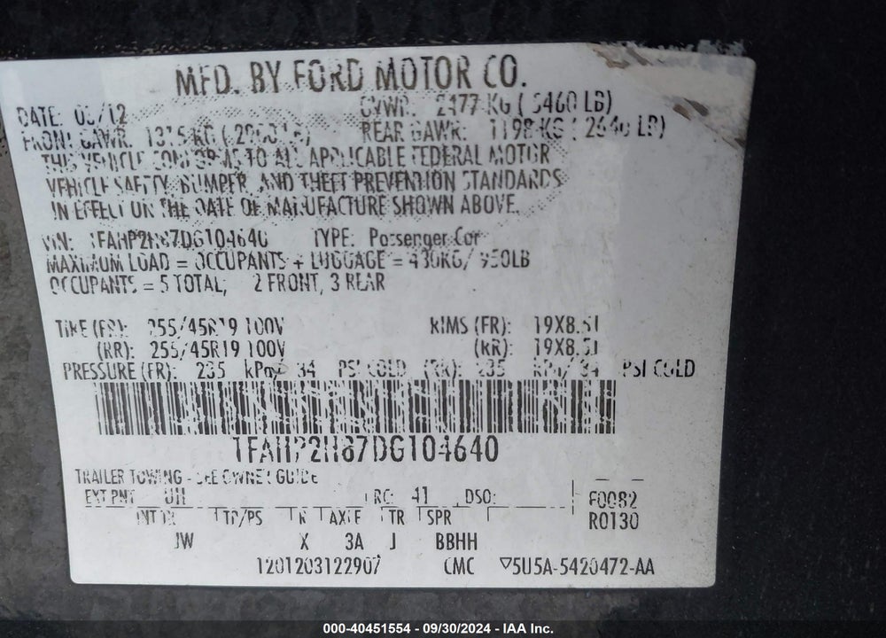 2013 FORD TAURUS SEL VIN: 1FAHP2H87DG104640