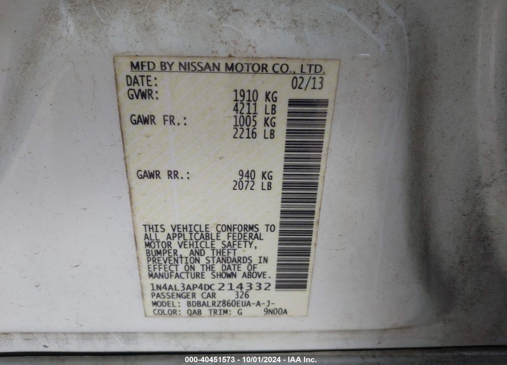 2013 NISSAN ALTIMA 2.5 S VIN: 1N4AL3AP4DC214332