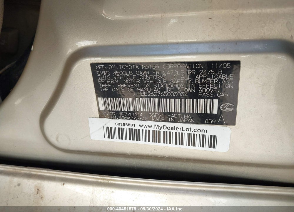 2006 LEXUS IS 350 VIN: JTHBE262765003034