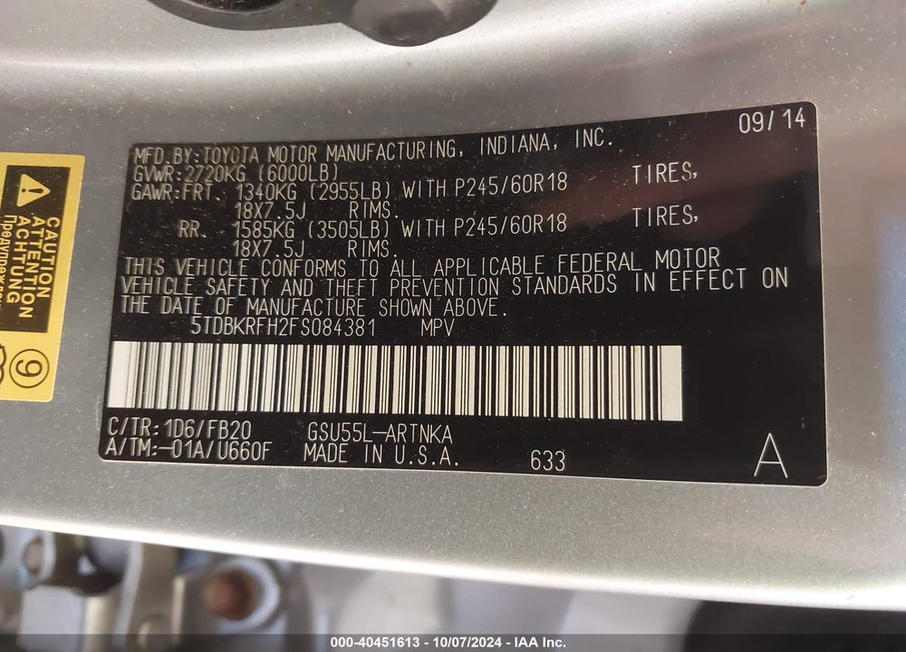 2015 TOYOTA HIGHLANDER LE V6 VIN: 5TDBKRFH2FS084381