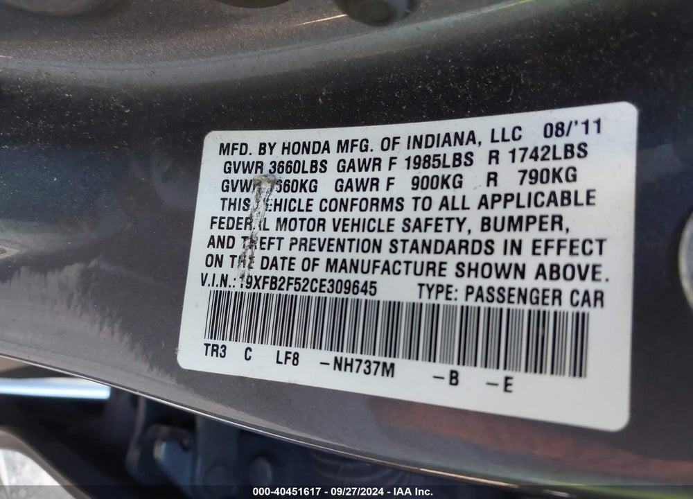 2012 HONDA CIVIC LX VIN: 19XFB2F52CE309645