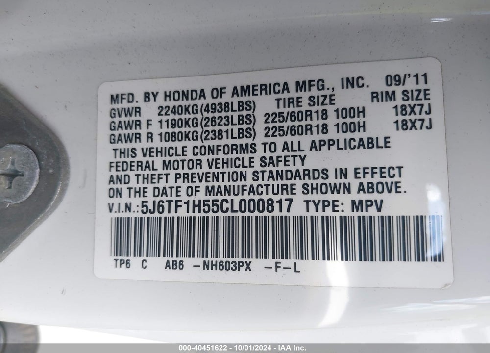 2012 HONDA CROSSTOUR EX-L VIN: 5J6TF1H55CL000817