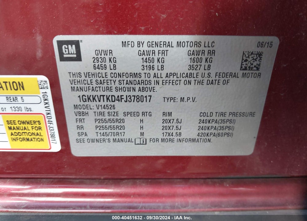 2015 GMC ACADIA DENALI VIN: 1GKKVTKD4FJ378017